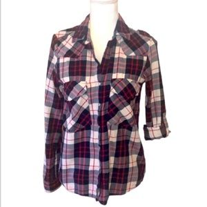Zara Woman Plaid Shirt Flap Pocket long roll-up sleeves size XS spread collar